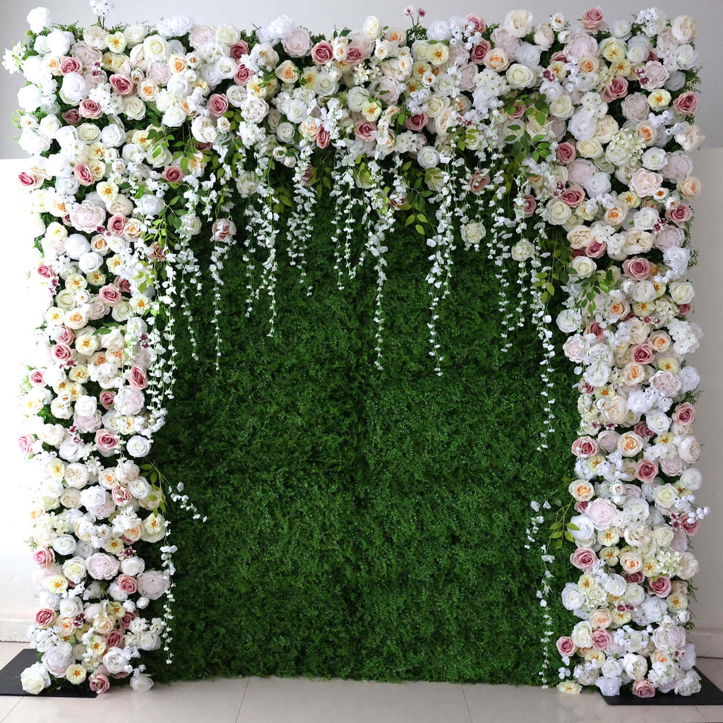ValarFlowers White Pink Rose Artificial Flower Wall Backdrop for Wedding & Event Decor VF-294