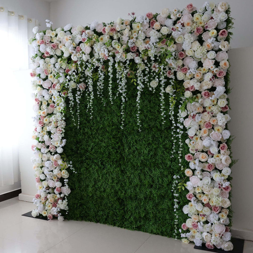 ValarFlowers White Pink Rose Artificial Flower Wall Backdrop for Wedding & Event Decor VF-294