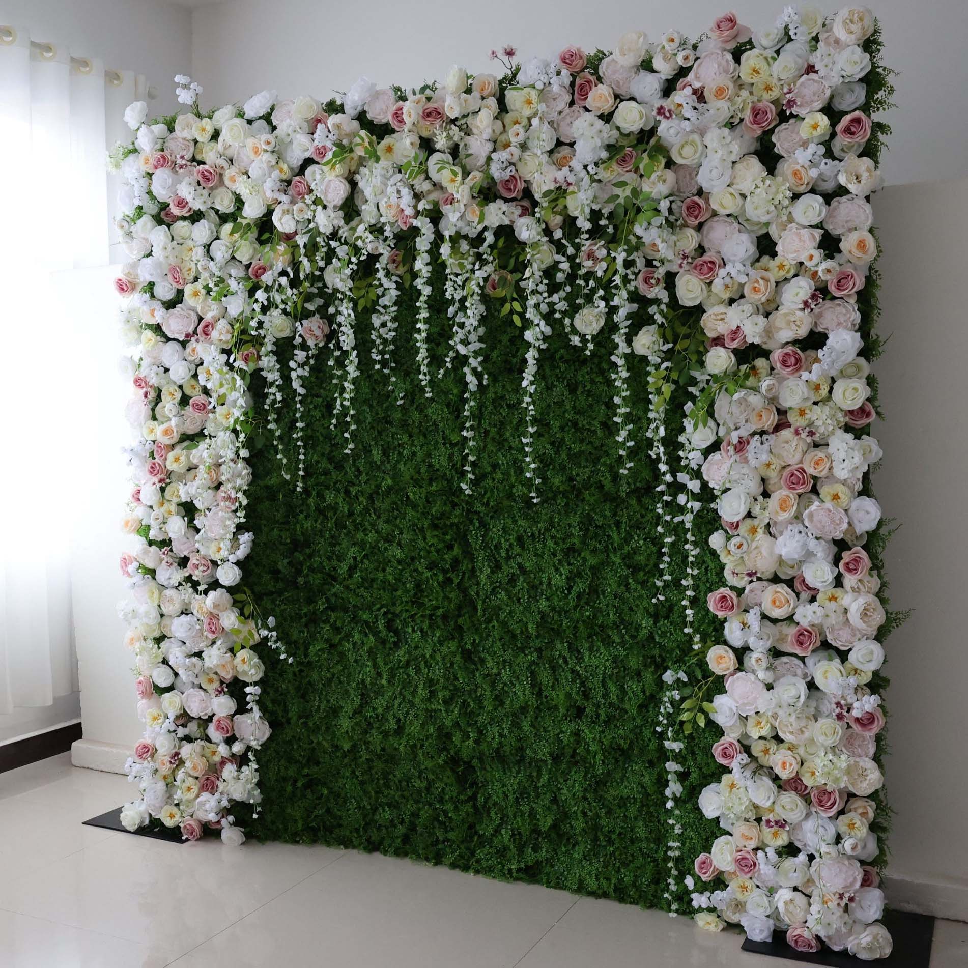 ValarFlowers White Pink Rose Artificial Flower Wall Backdrop for Wedding & Event Decor VF-294