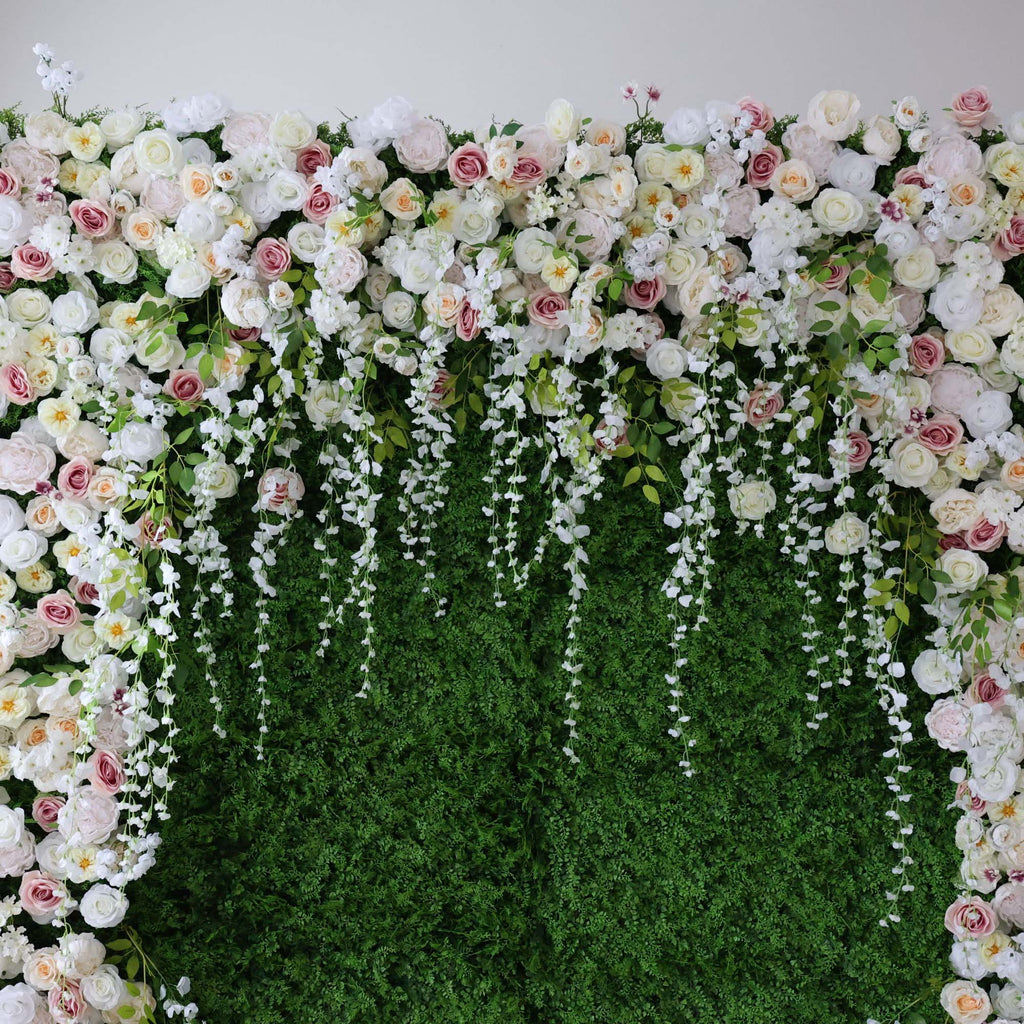 ValarFlowers White Pink Rose Artificial Flower Wall Backdrop for Wedding & Event Decor VF-294
