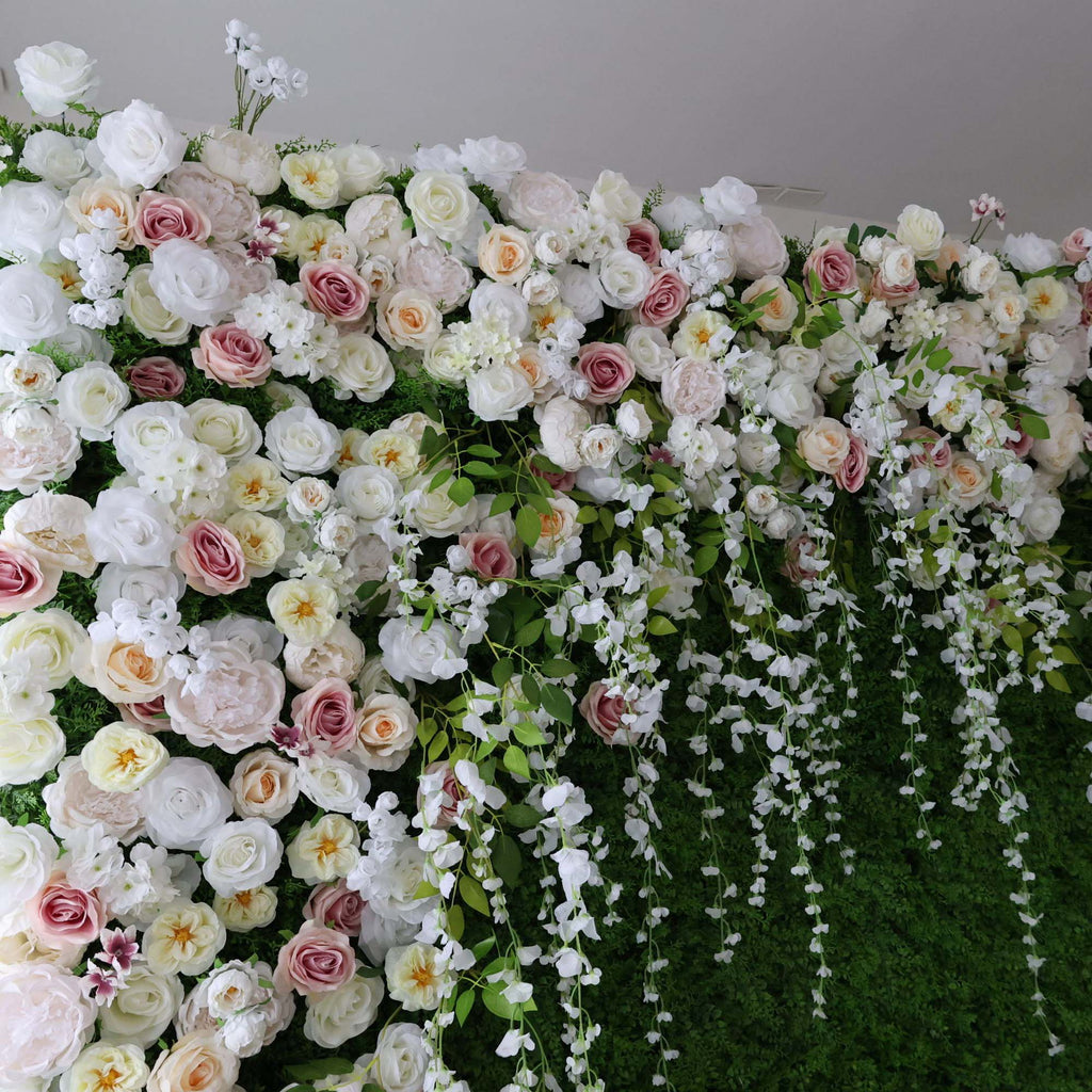 ValarFlowers White Pink Rose Artificial Flower Wall Backdrop for Wedding & Event Decor VF-294
